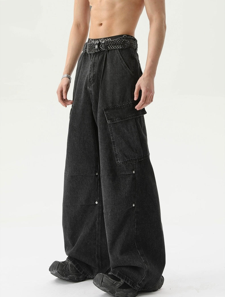 Multi pockets sensational wide leg denim pants