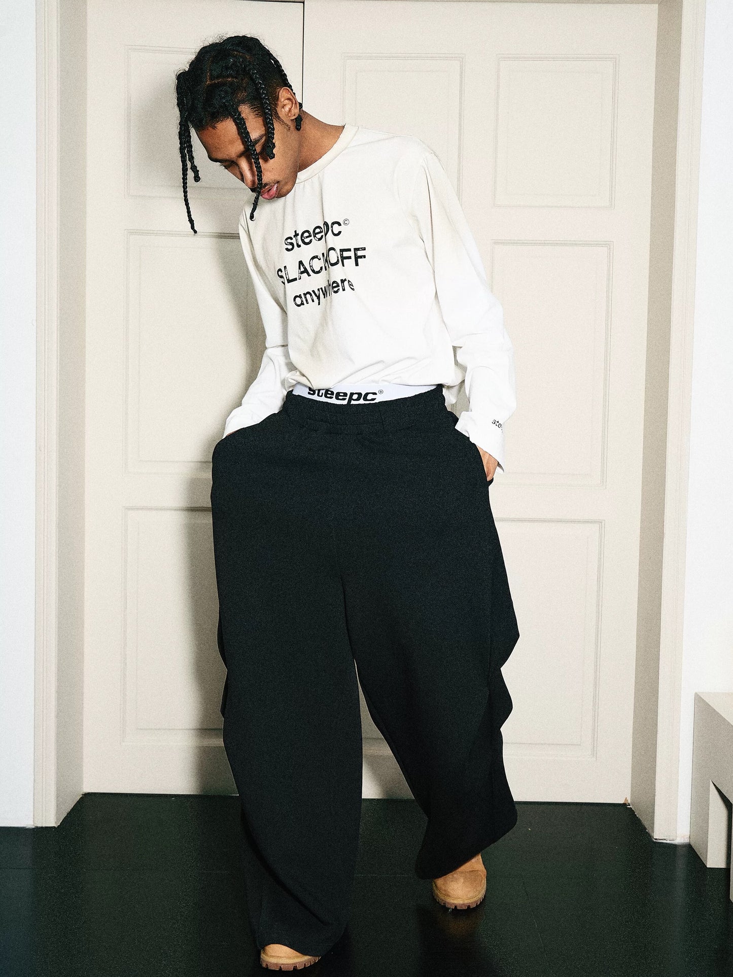 Suspended air trimmed pleated loose baggy pants
