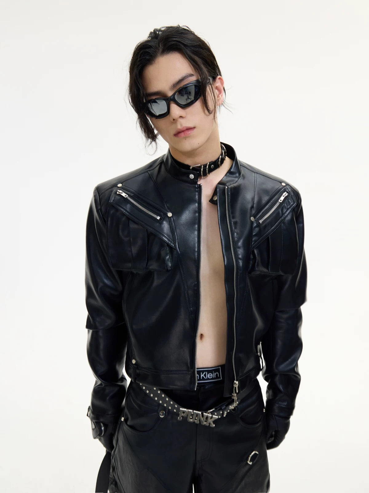 Metal zipper short motorcycle classic leather jacket