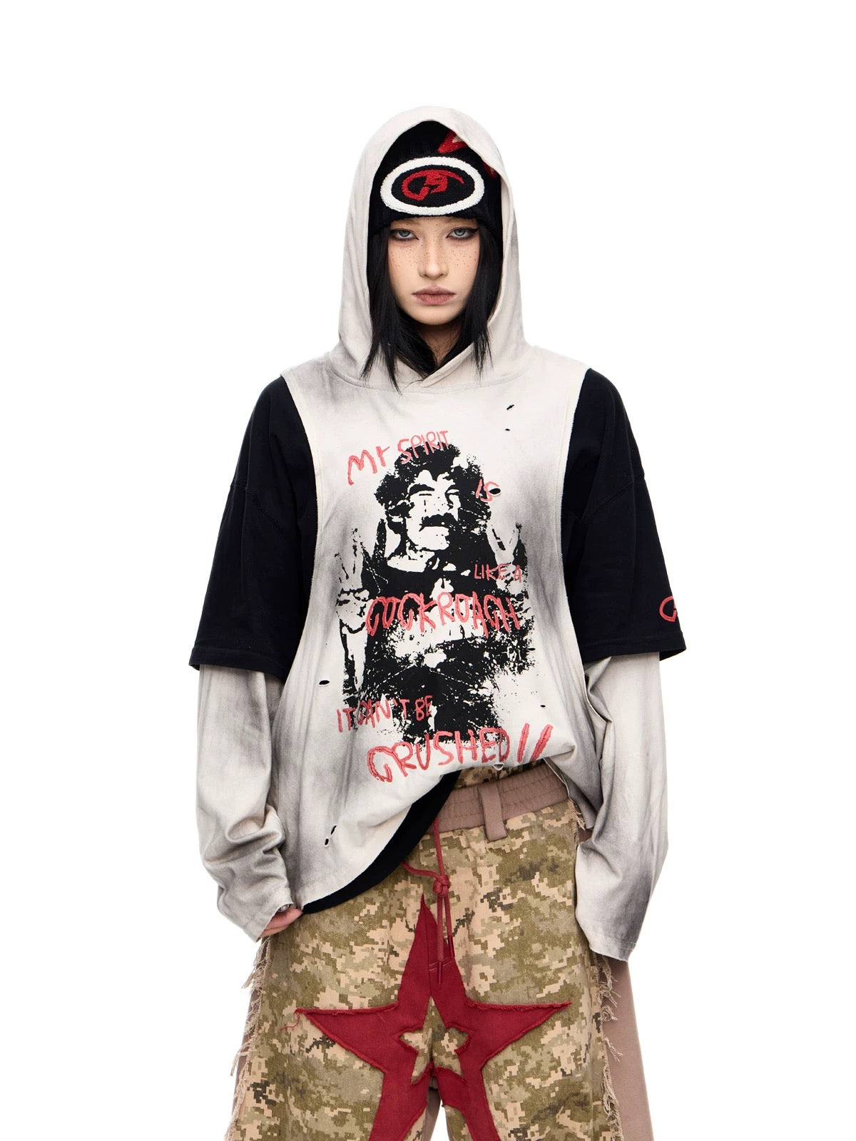 Defy fake two piece sewn long sleeve hoodie