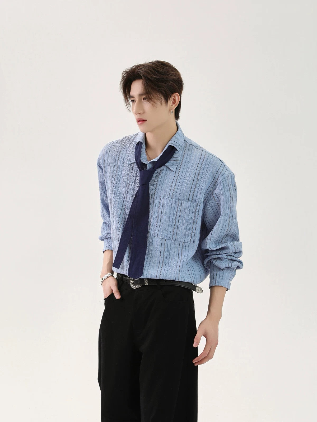Color coded striped design tie long sleeve shirt