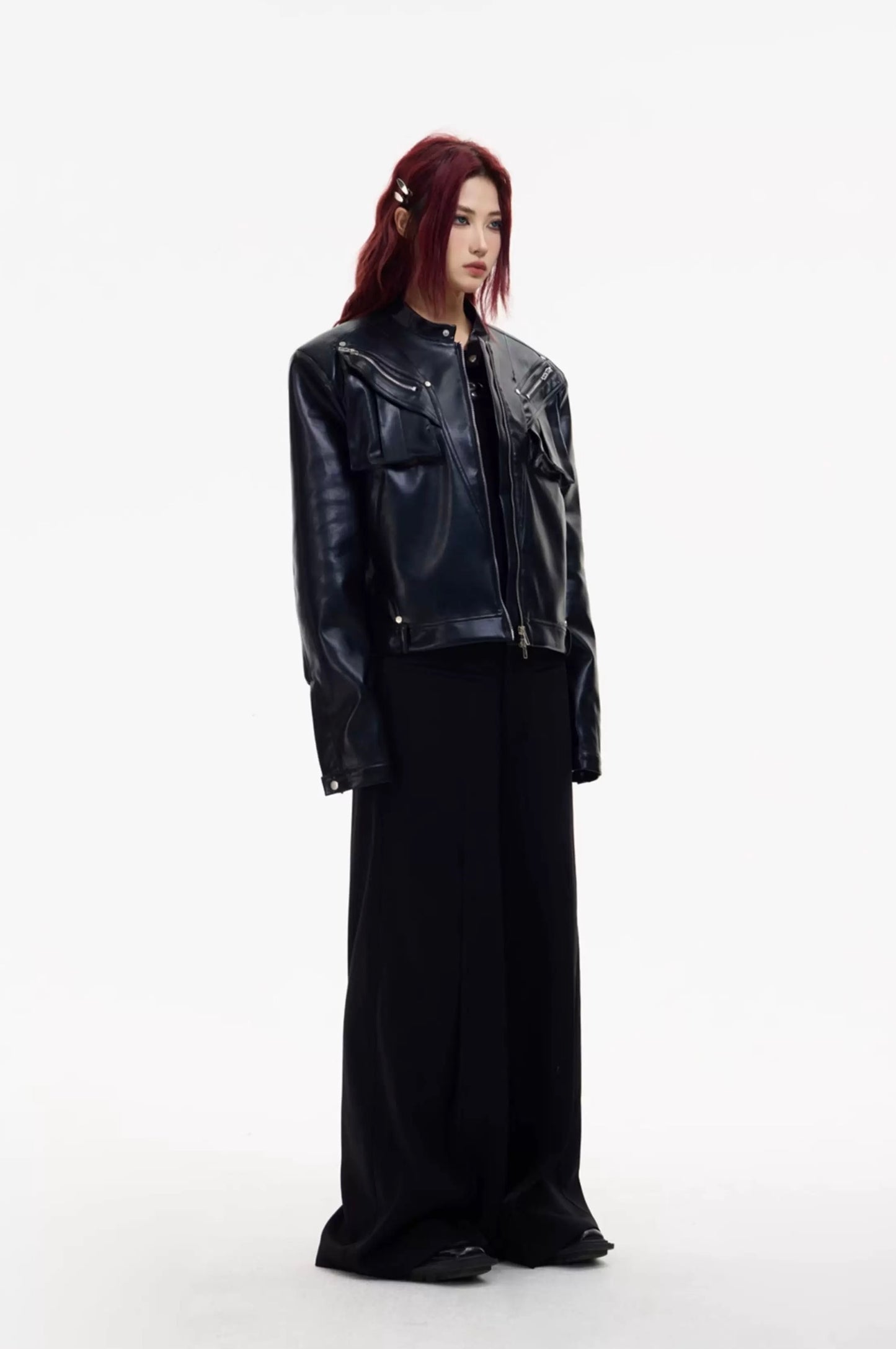 Metal zipper short motorcycle classic leather jacket