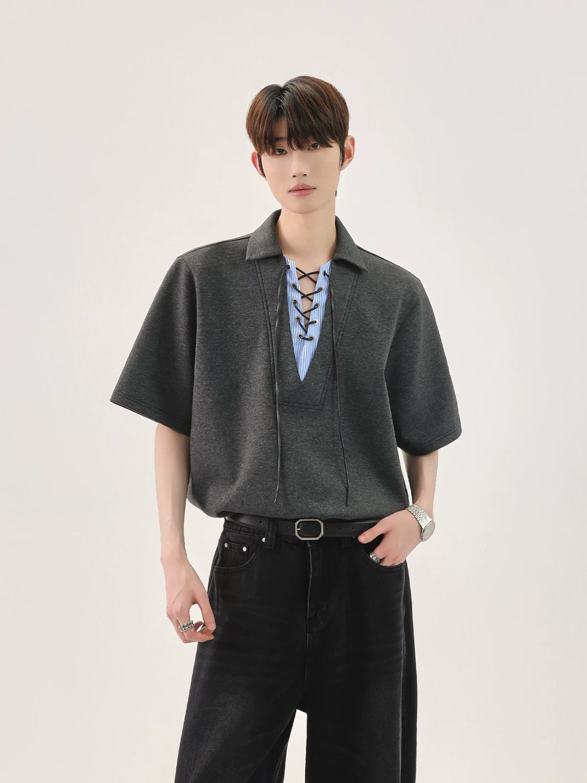 Niche strap fake two piece polo t-shirt