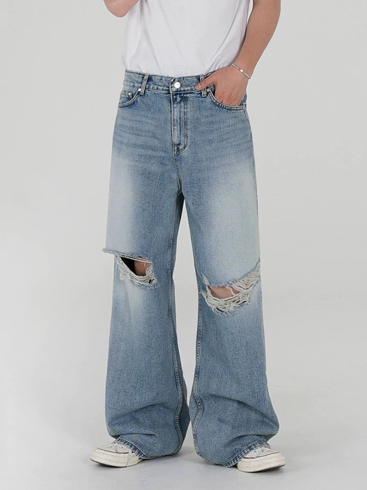 Edge destroy ripped detailing denim pants