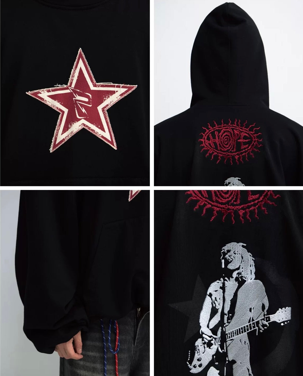 Five red star embroidered black hoodie