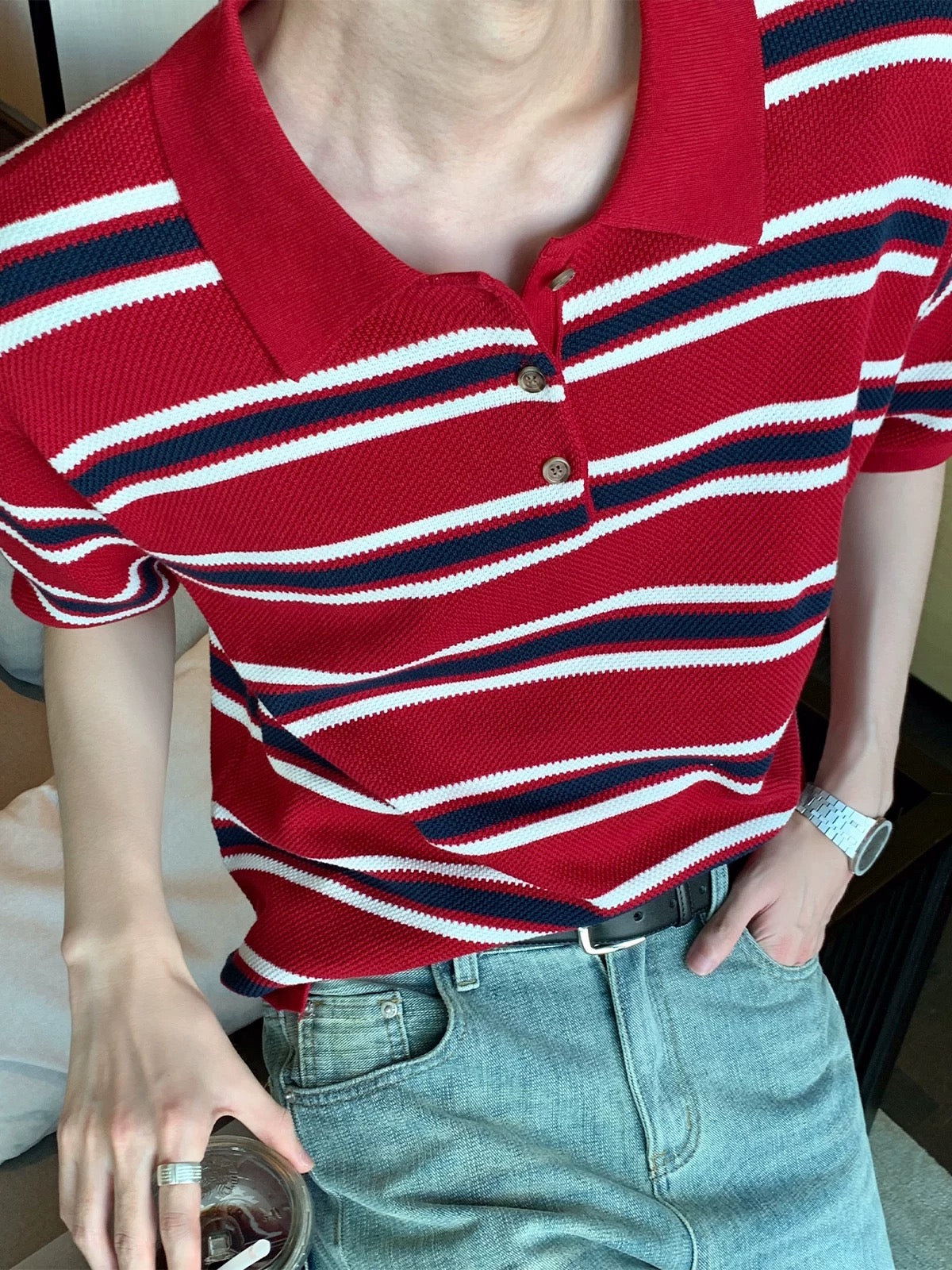 Iconic Korean street red striped polo shirt