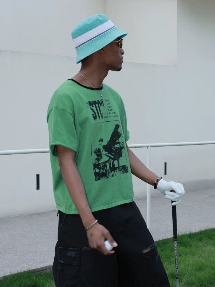 Green organic knitted printed t-shirt
