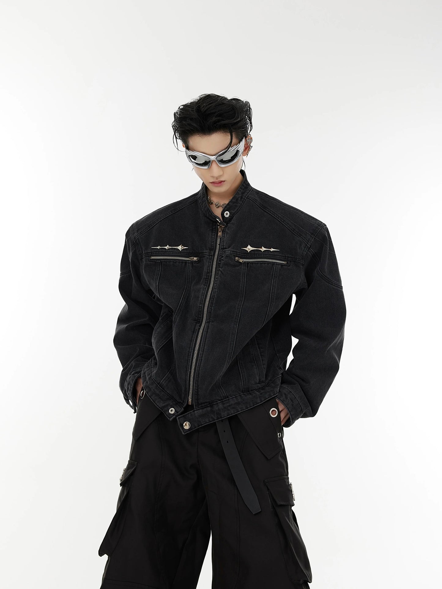 Vintage metallic logo short denim jacket