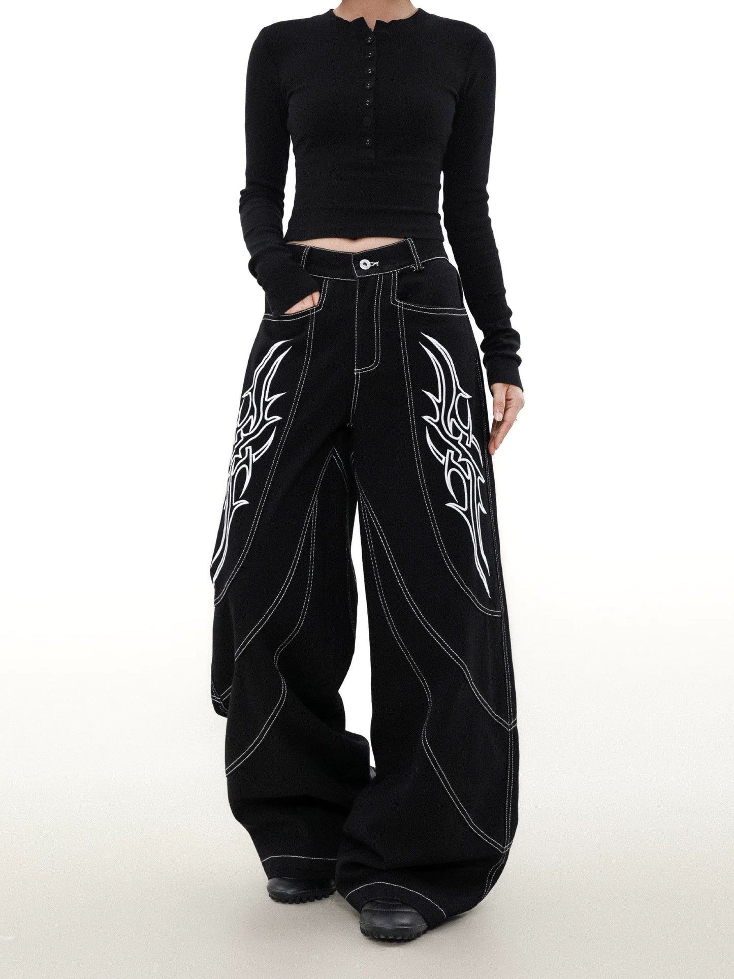 Street embroidered wide denim pants