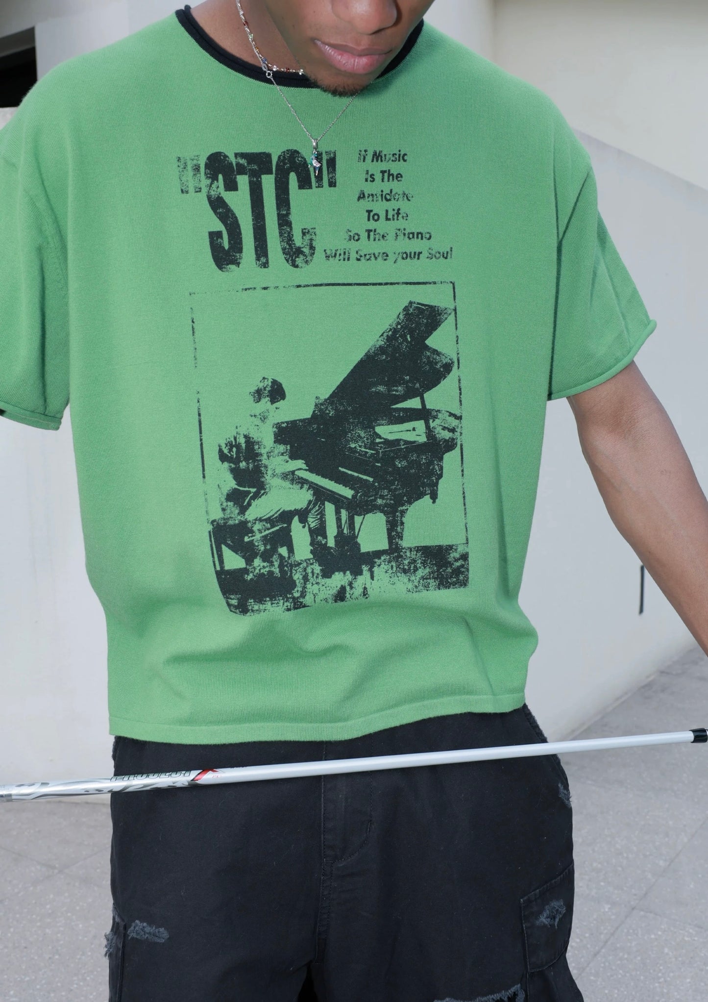 Green organic knitted printed t-shirt