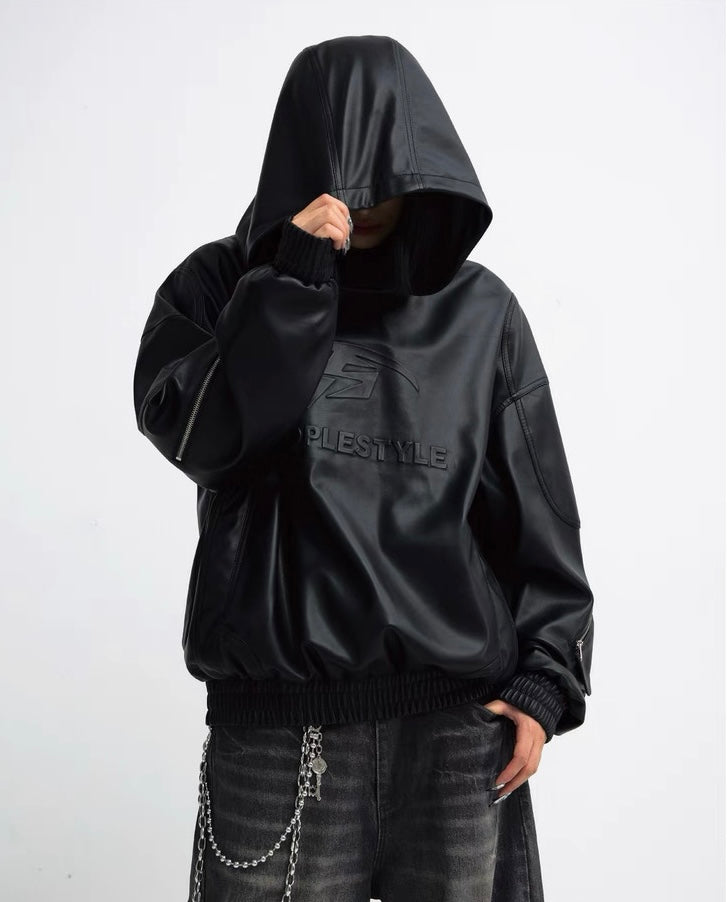 Profile 3D embossed PU leather black hooded jacket