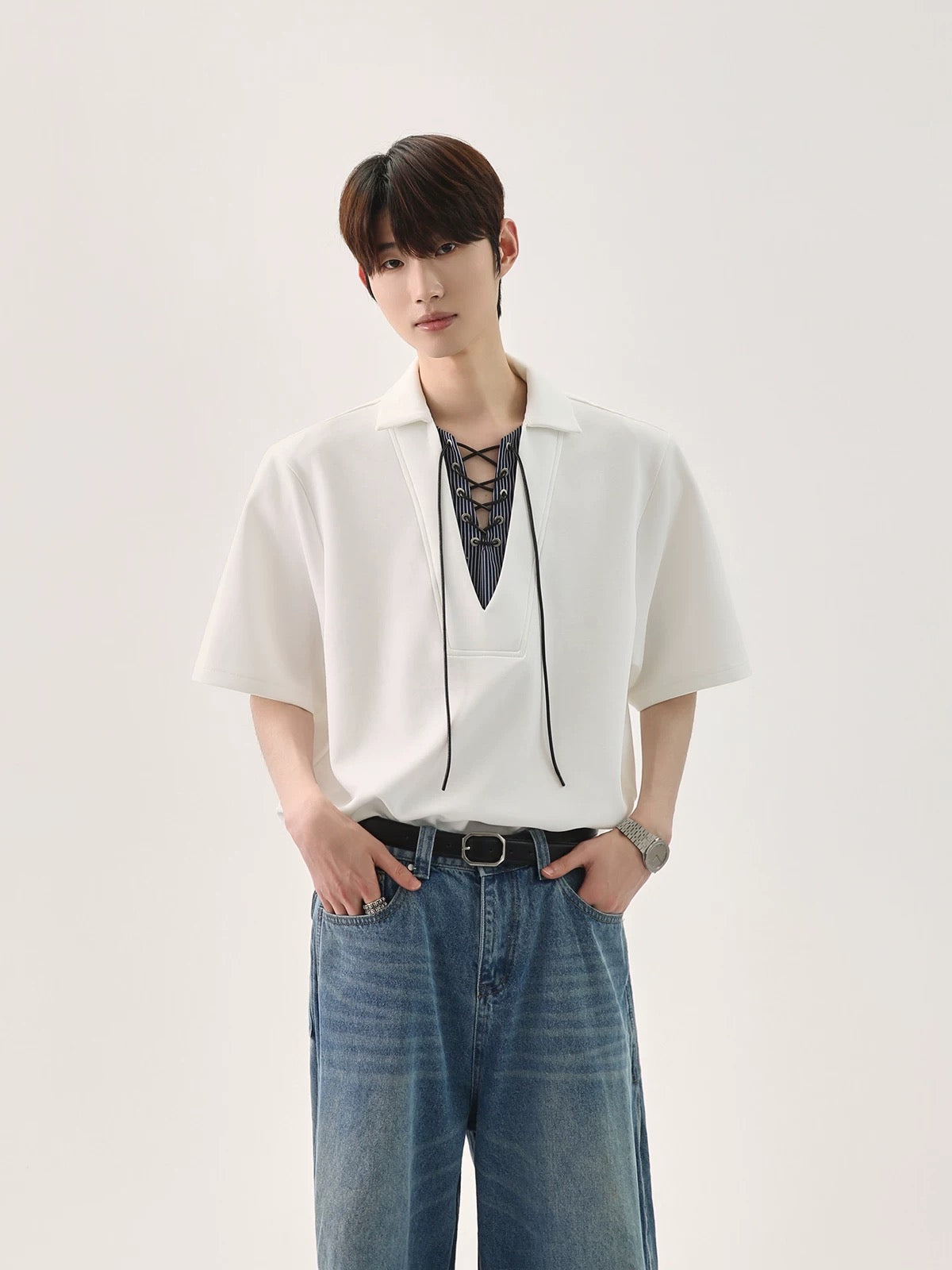 Niche strap fake two piece polo t-shirt