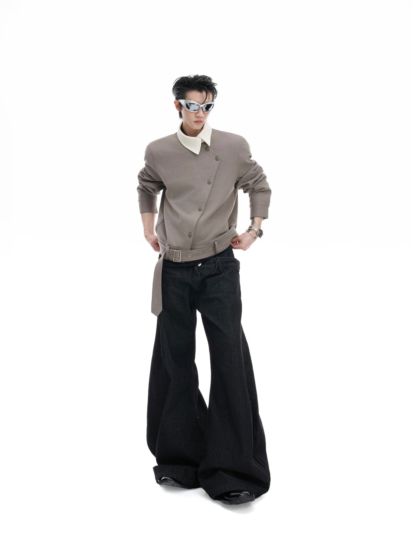 Asymmetric symphony belted cosmic sweater