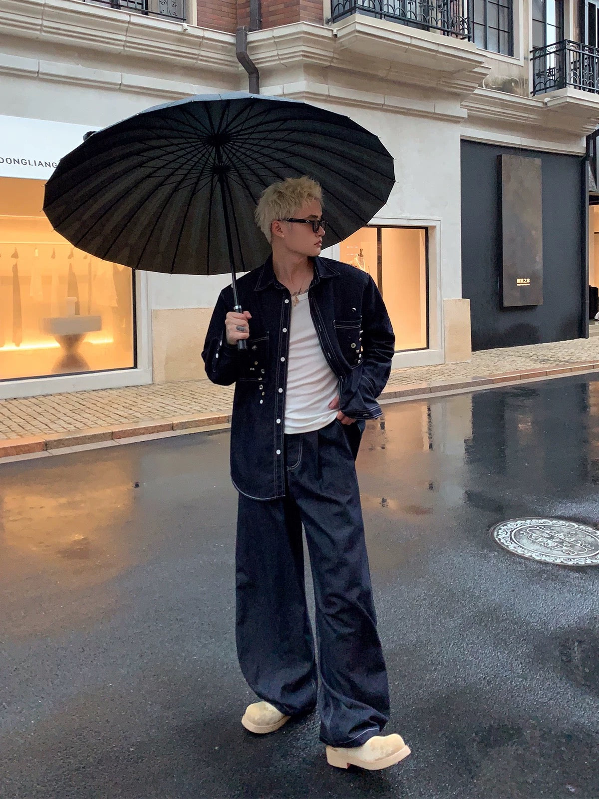 Korean street deconstructed button denim pants