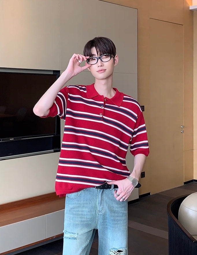 Iconic Korean street red striped polo shirt