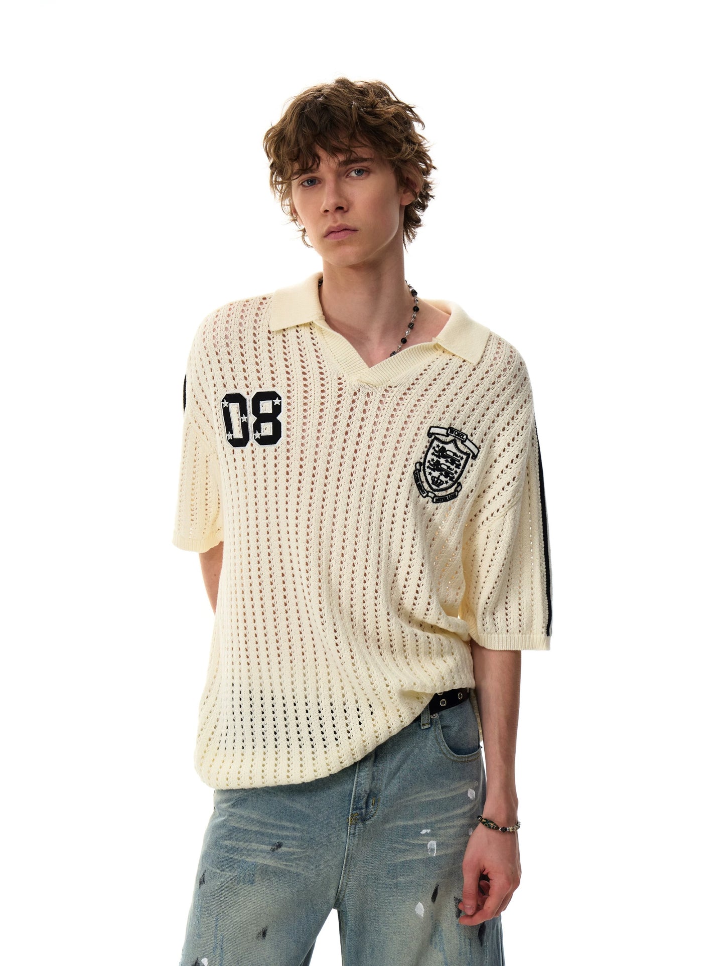 Mesh knitted sports uniform style polo shirt