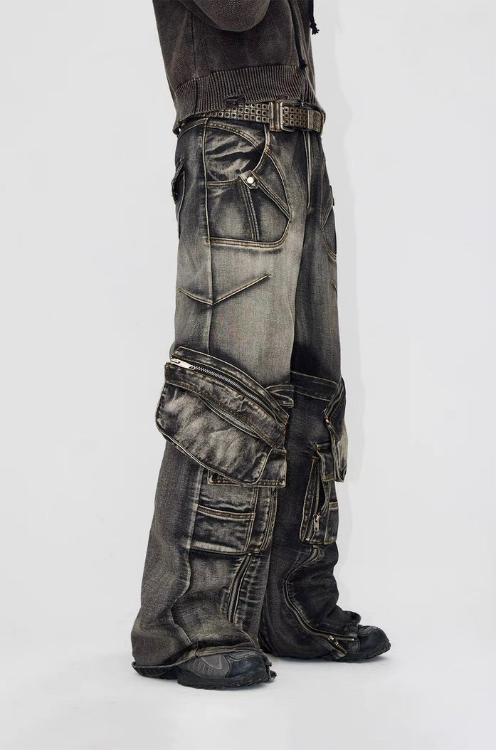 Spiny structure thorn zippered pockets denim pants