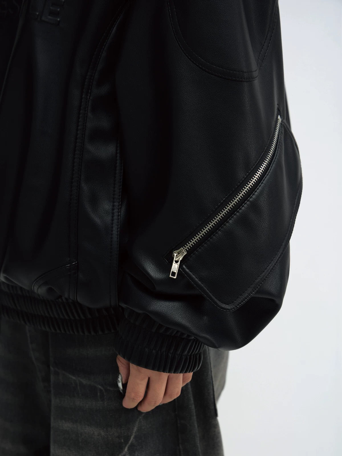 Profile 3D embossed PU leather black hooded jacket