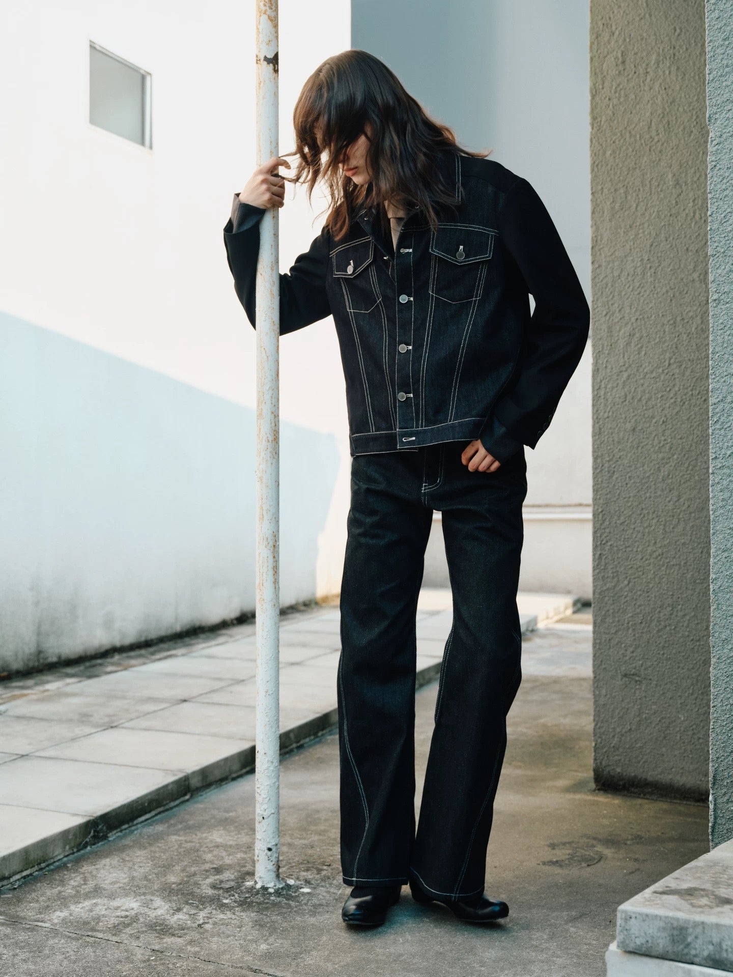 Silent shadows geometry refined denim jacket