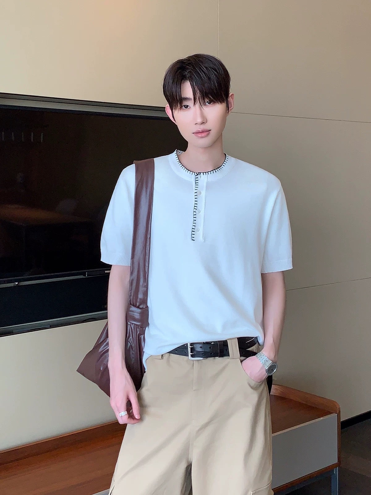 Basic bright thread edge quartz polo shirt