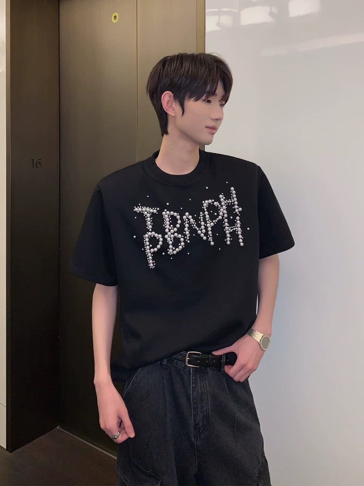 Trendy pearl letter vogue short sleeve t-shirt