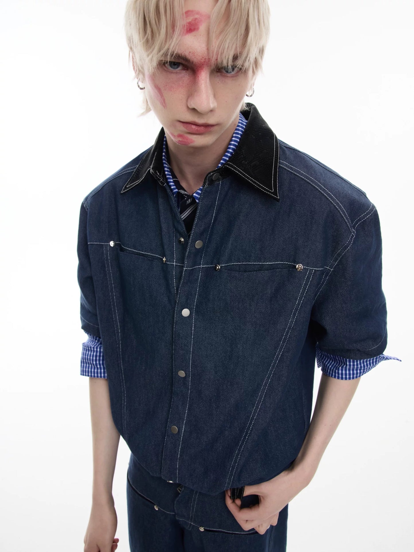 Snake pattern seamless denim setup short sleeve jacket