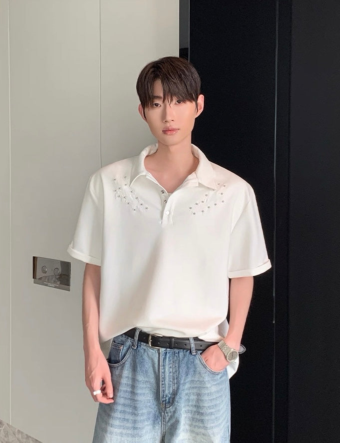 Studded elegance with subtle embroidery polo shirt