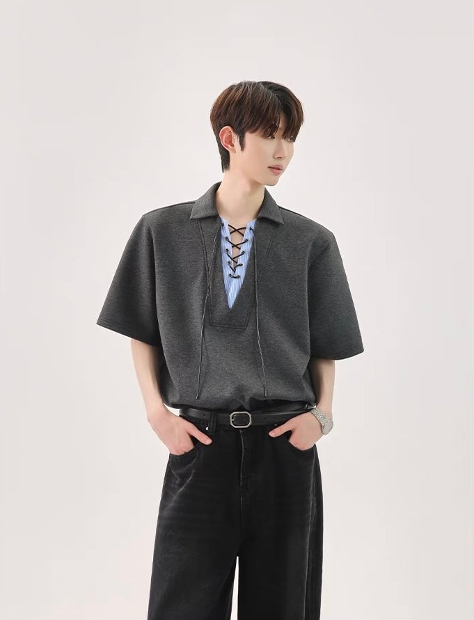 Niche strap fake two piece polo t-shirt