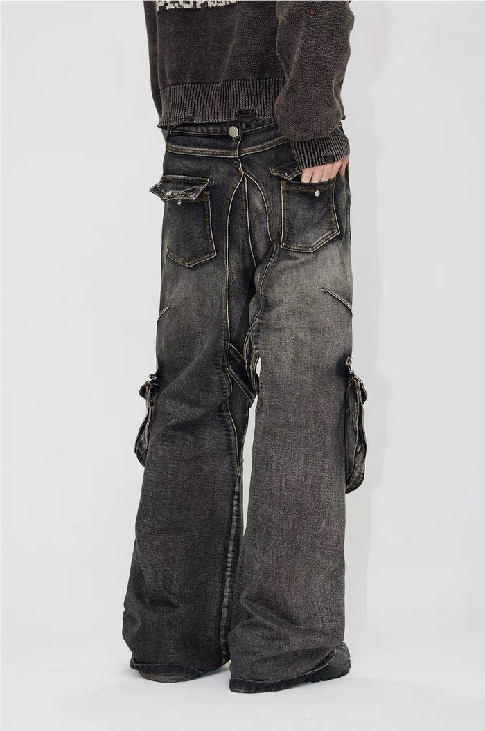 Spiny structure thorn zippered pockets denim pants