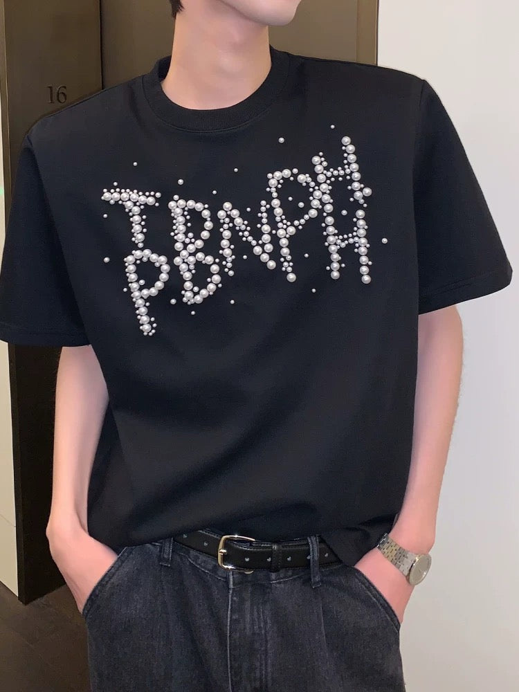Trendy pearl letter vogue short sleeve t-shirt