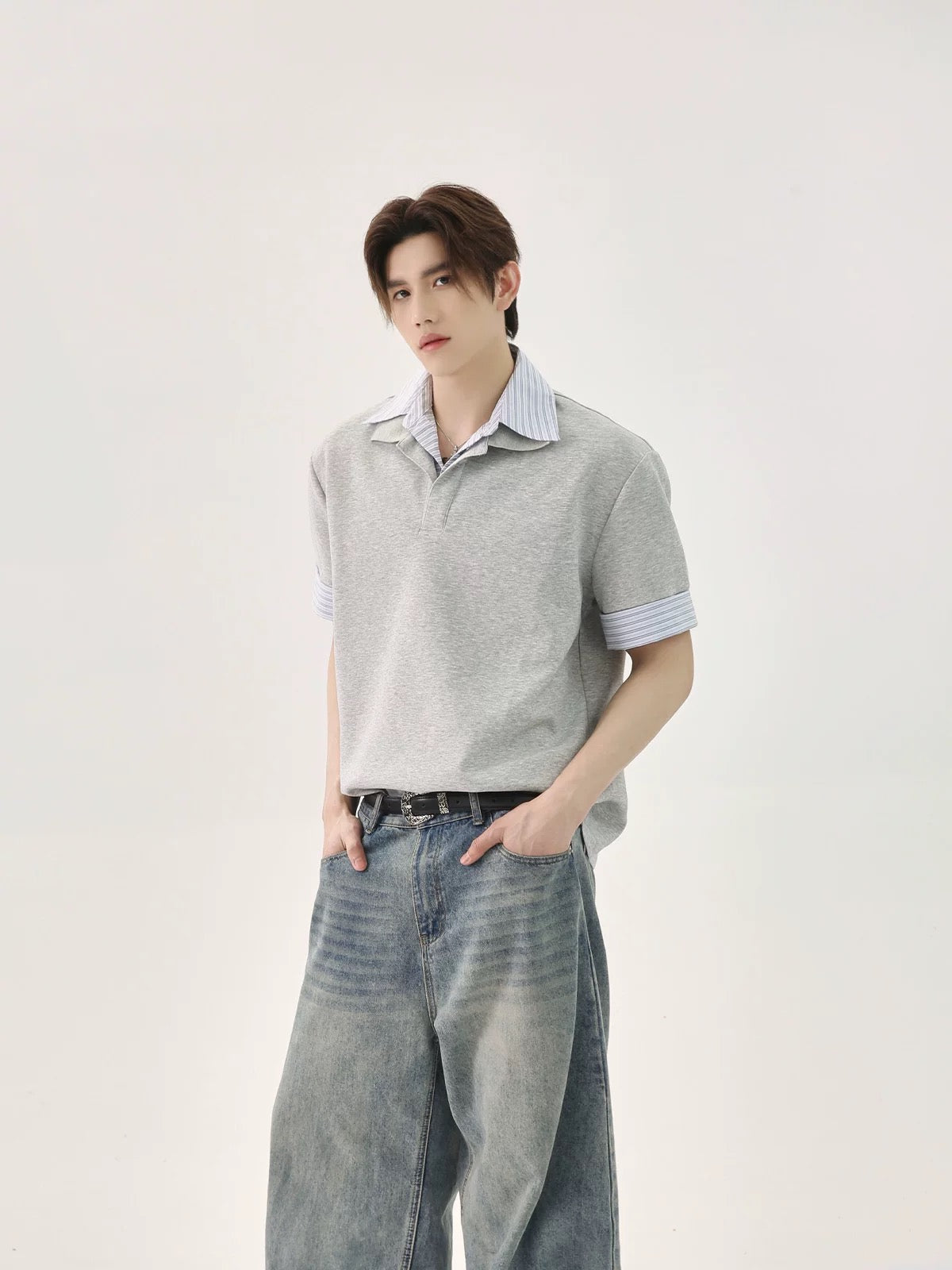 Stitching striped versatile polo shirt