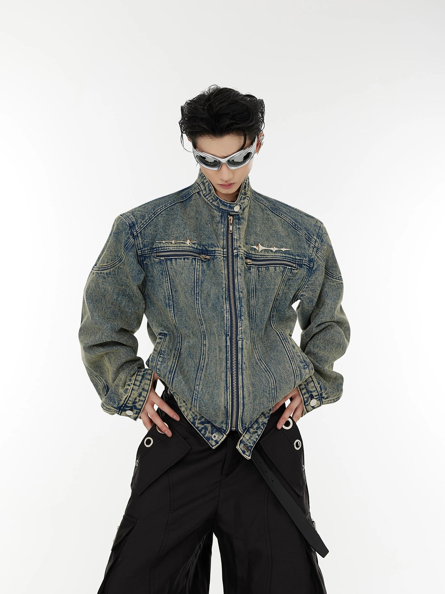 Vintage metallic logo short denim jacket