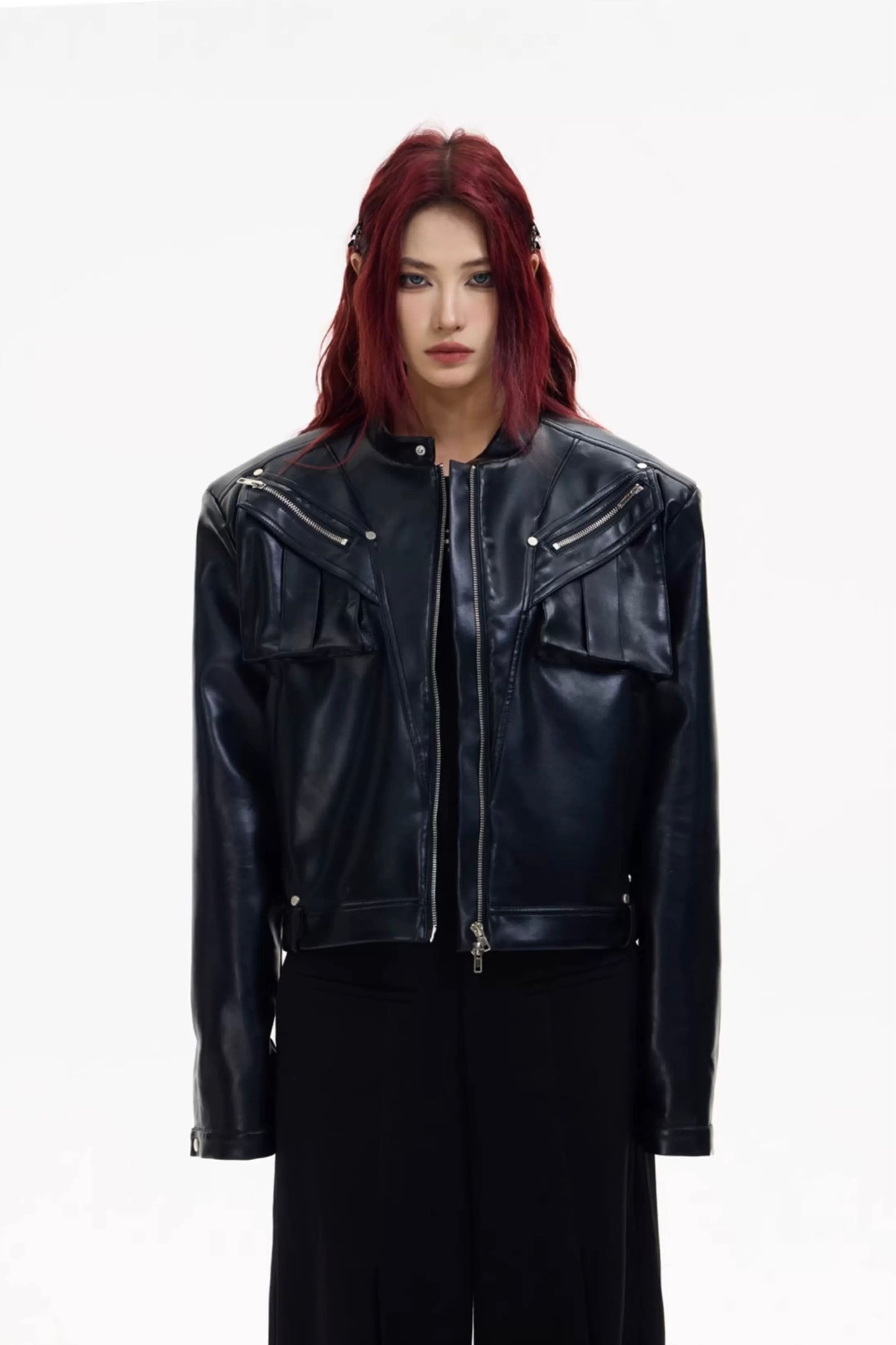 Metal zipper short motorcycle classic leather jacket