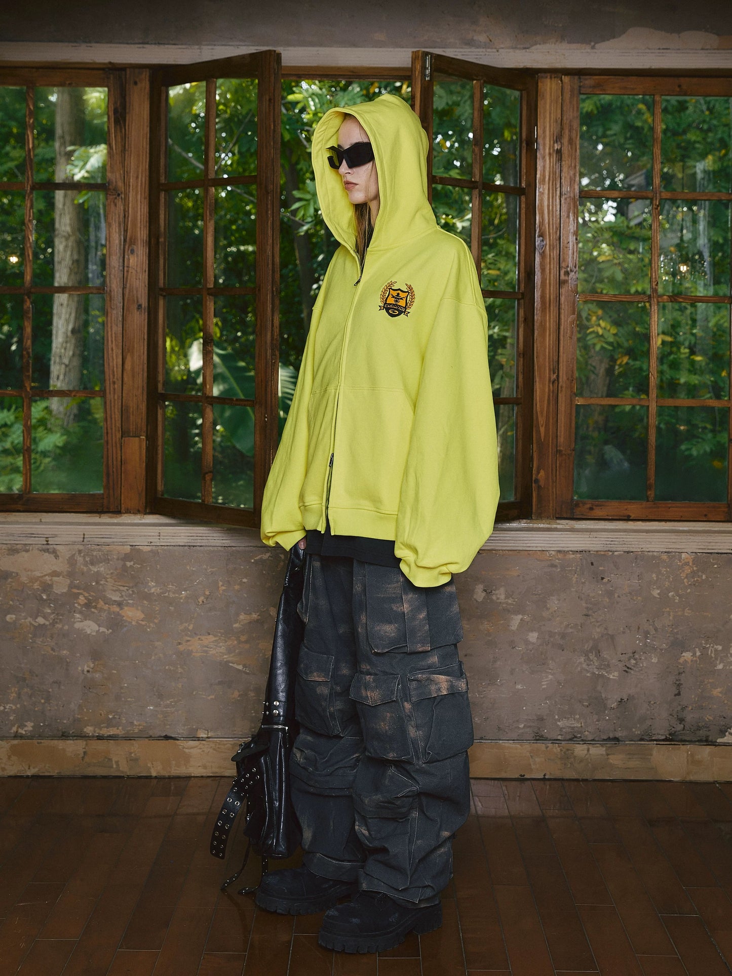 British decrypted sparkling fluorescent yellow zip hoodie