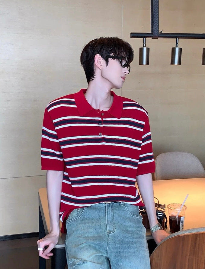 Iconic Korean street red striped polo shirt