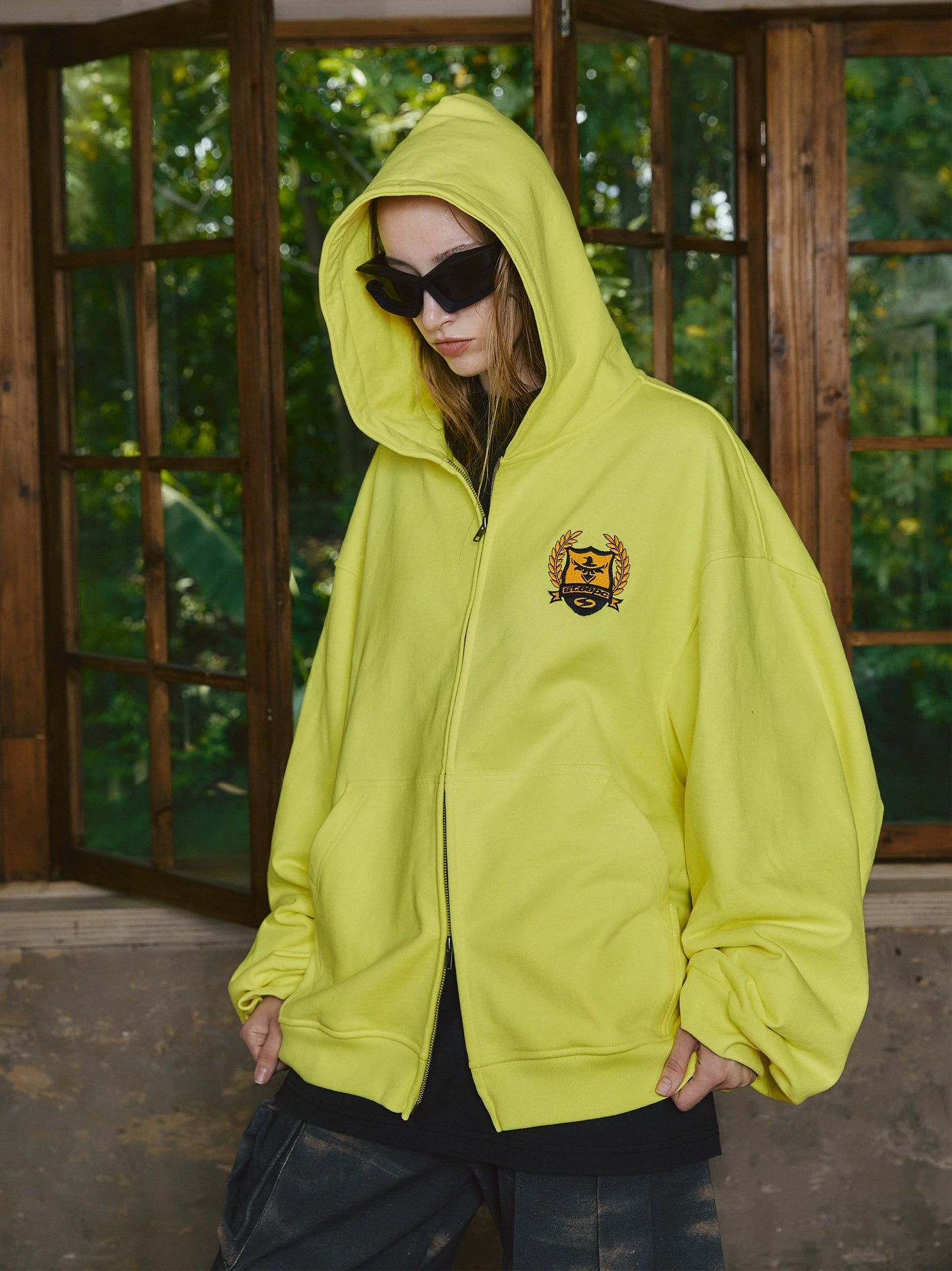 British decrypted sparkling fluorescent yellow zip hoodie