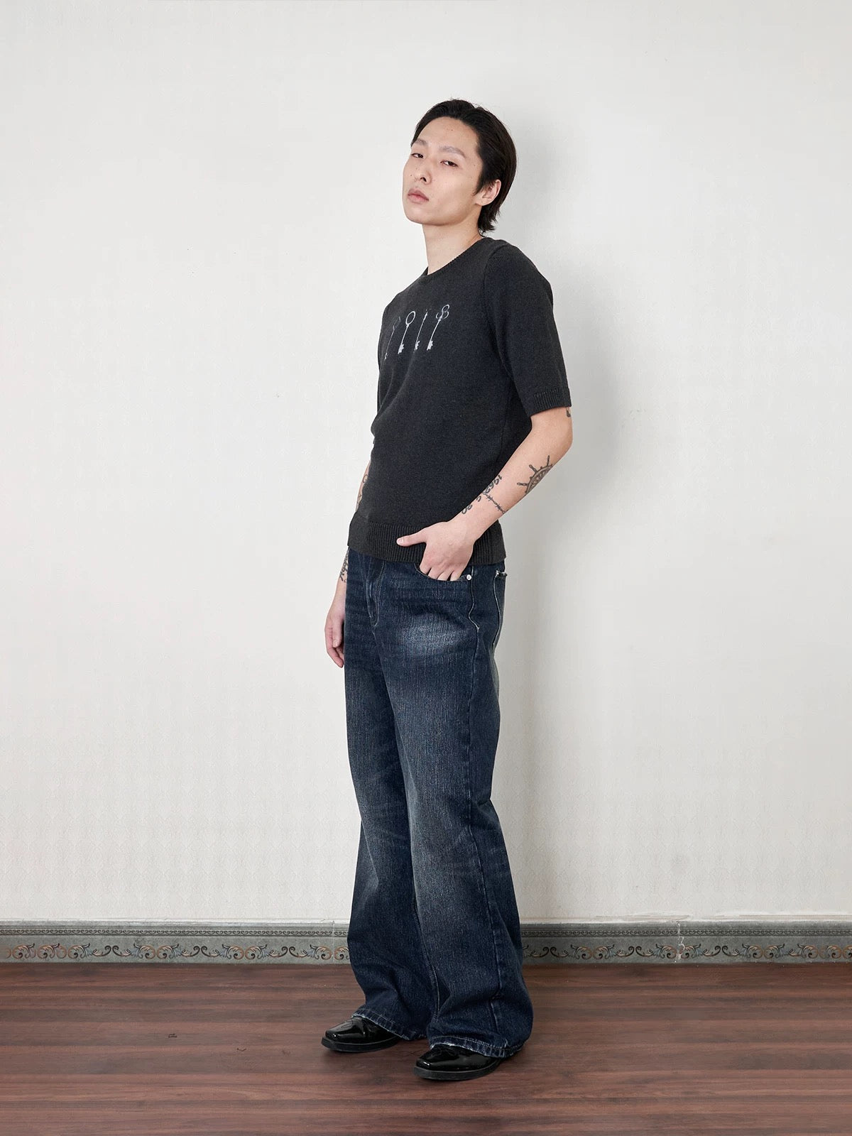 Deep haze firecracker washed half print denim pants