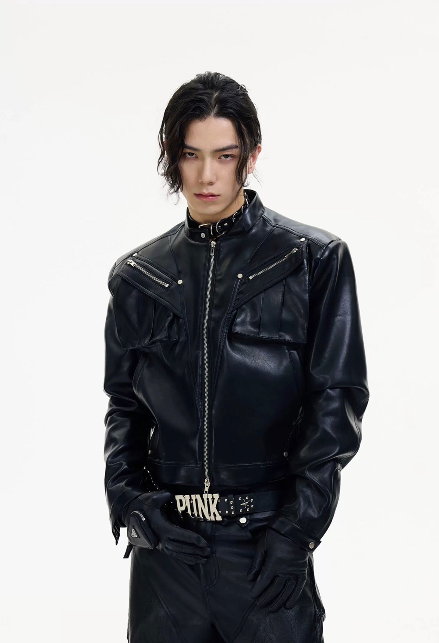 Metal zipper short motorcycle classic leather jacket