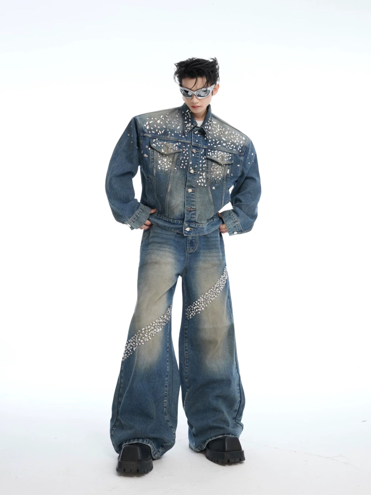 Sparkling diamond pad denim setup pants