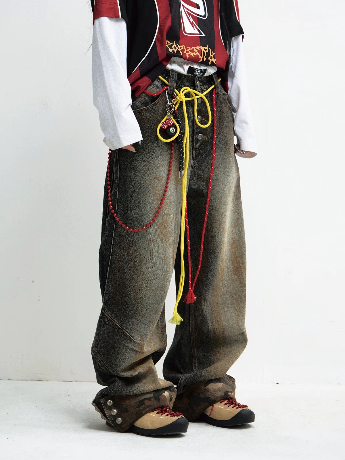 Mud dye camouflage straight leg jeans