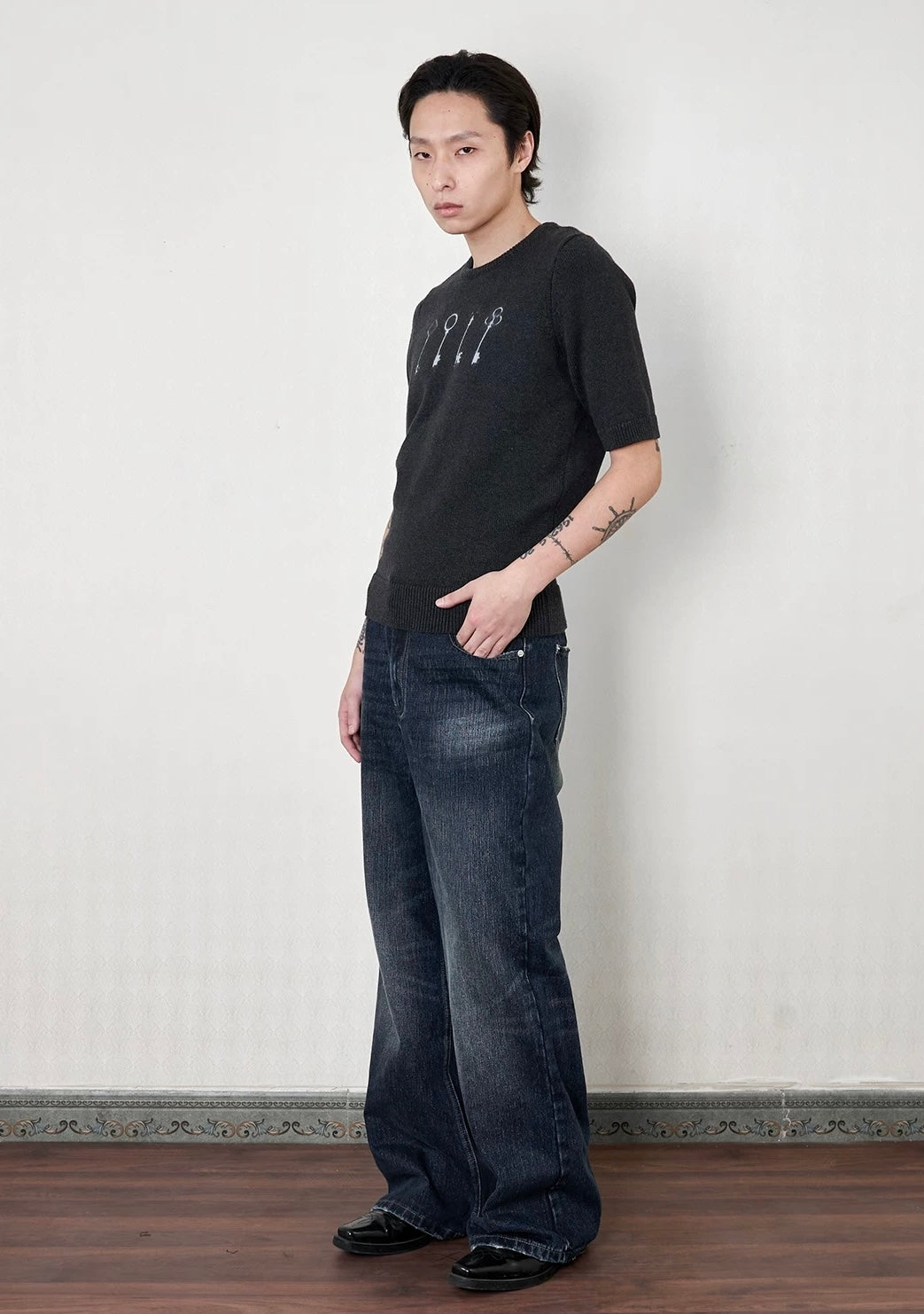 Deep haze firecracker washed half print denim pants