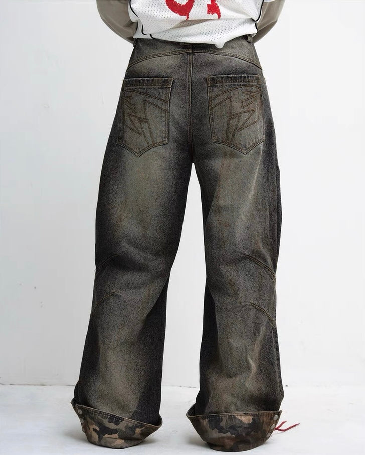 Mud dye camouflage straight leg jeans