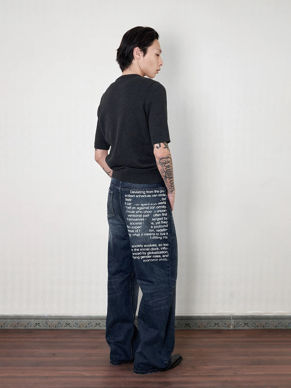 Deep haze firecracker washed half print denim pants