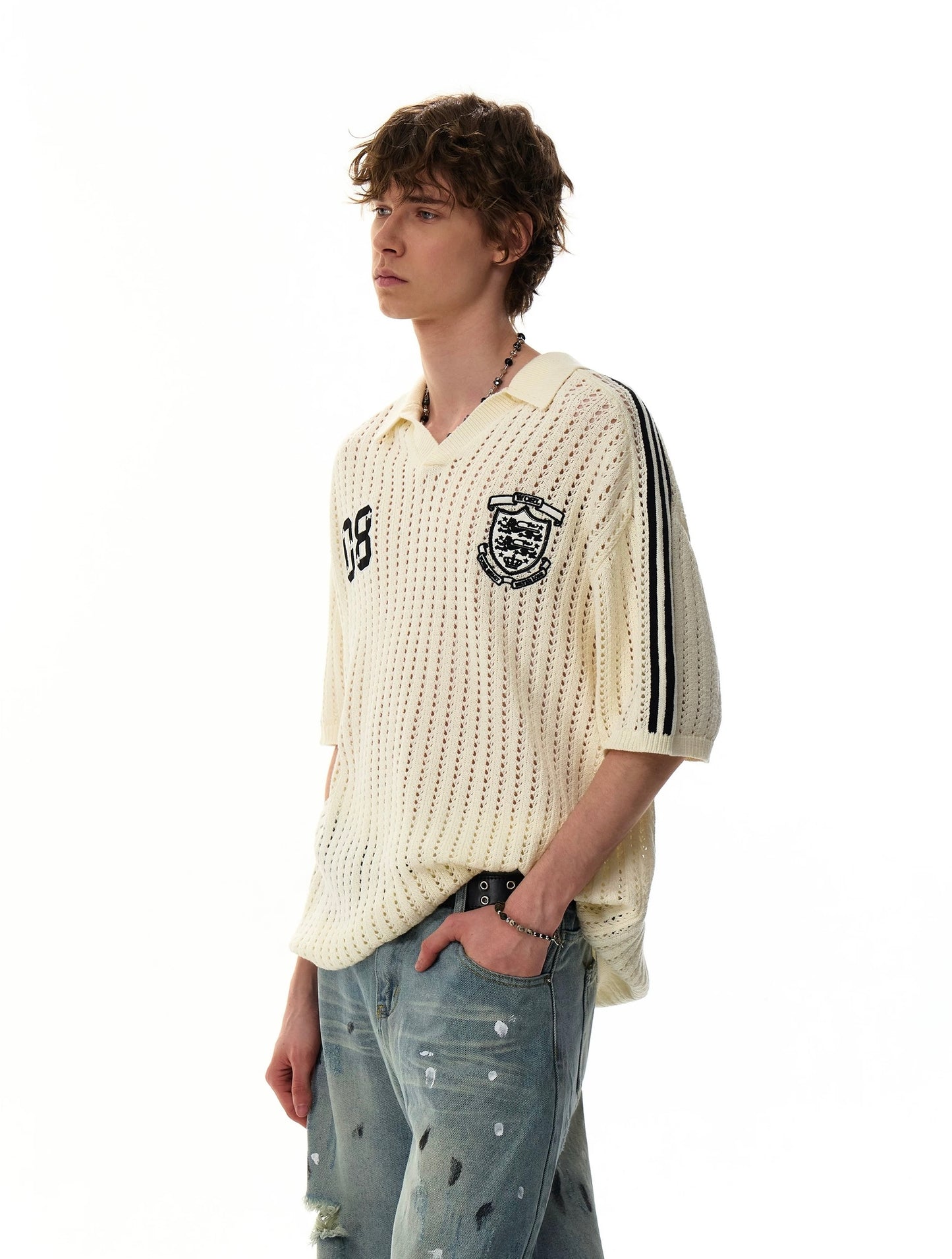 Mesh knitted sports uniform style polo shirt