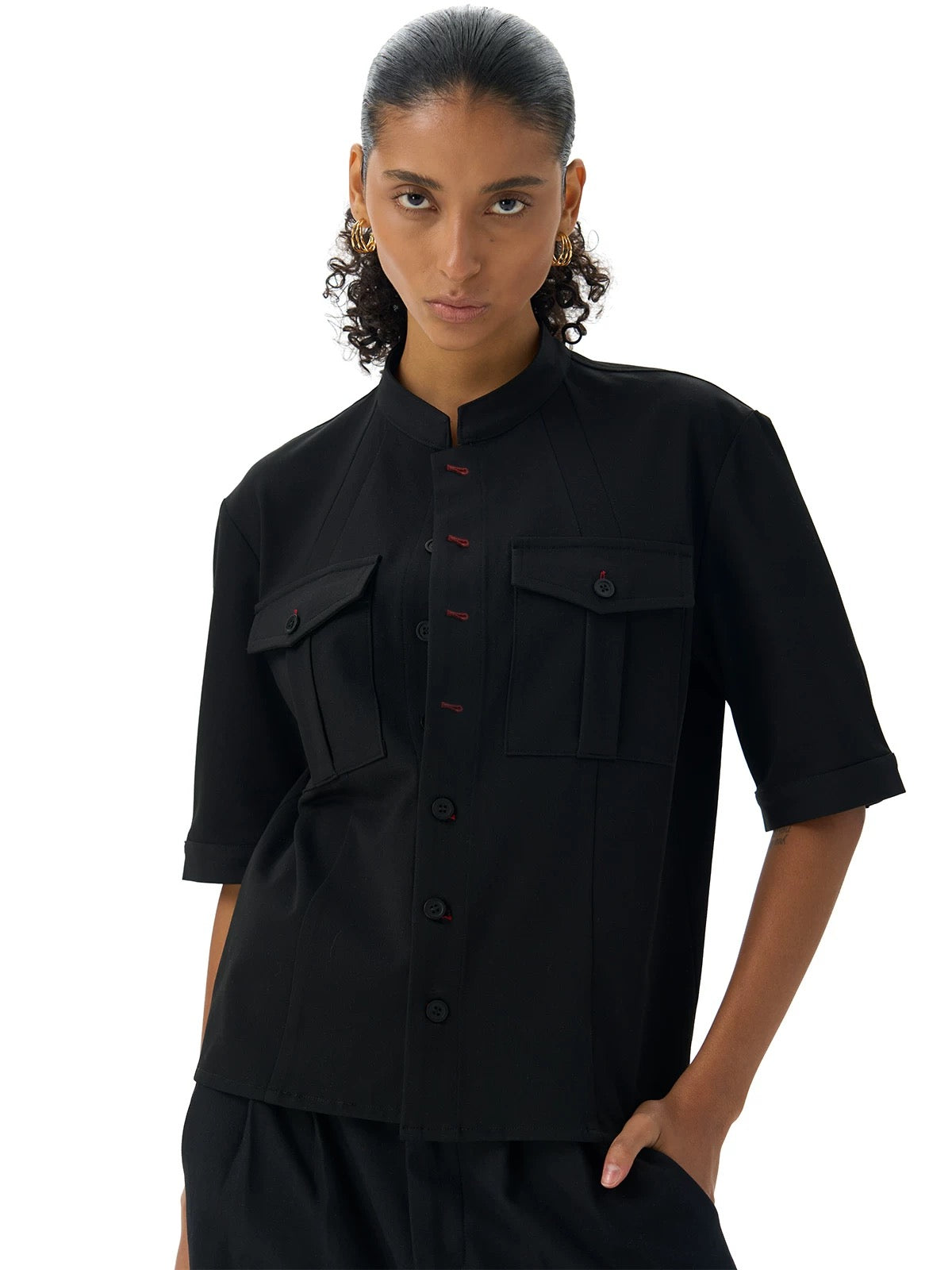 Italian black red eye hunting suit mid-sleeve shirt