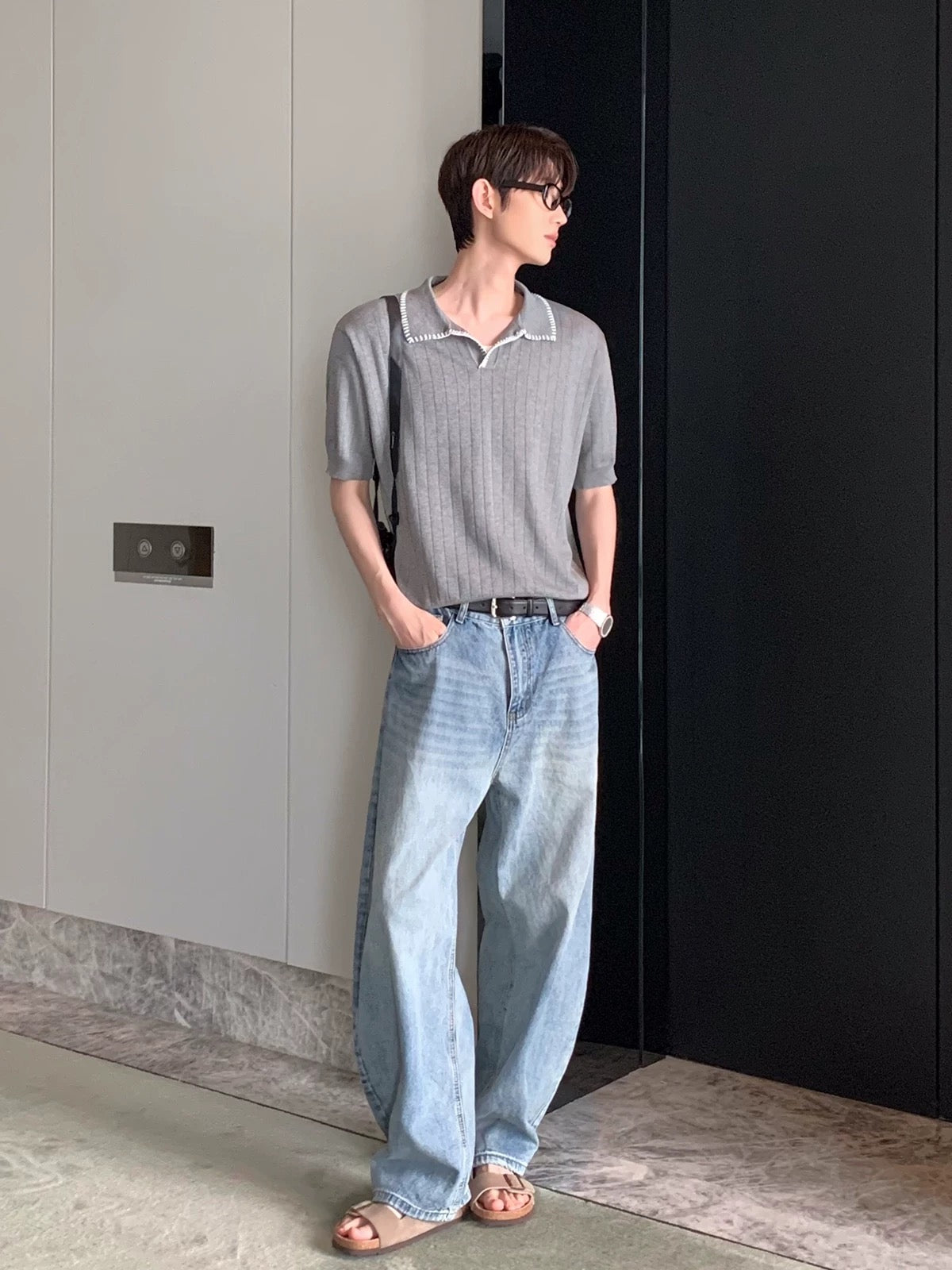 Bright thread edge striped ice silk knit polo shirt