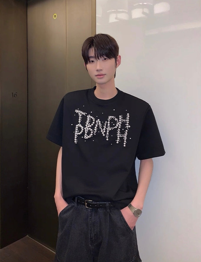 Trendy pearl letter vogue short sleeve t-shirt