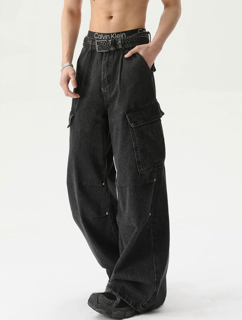 Multi pockets sensational wide leg denim pants