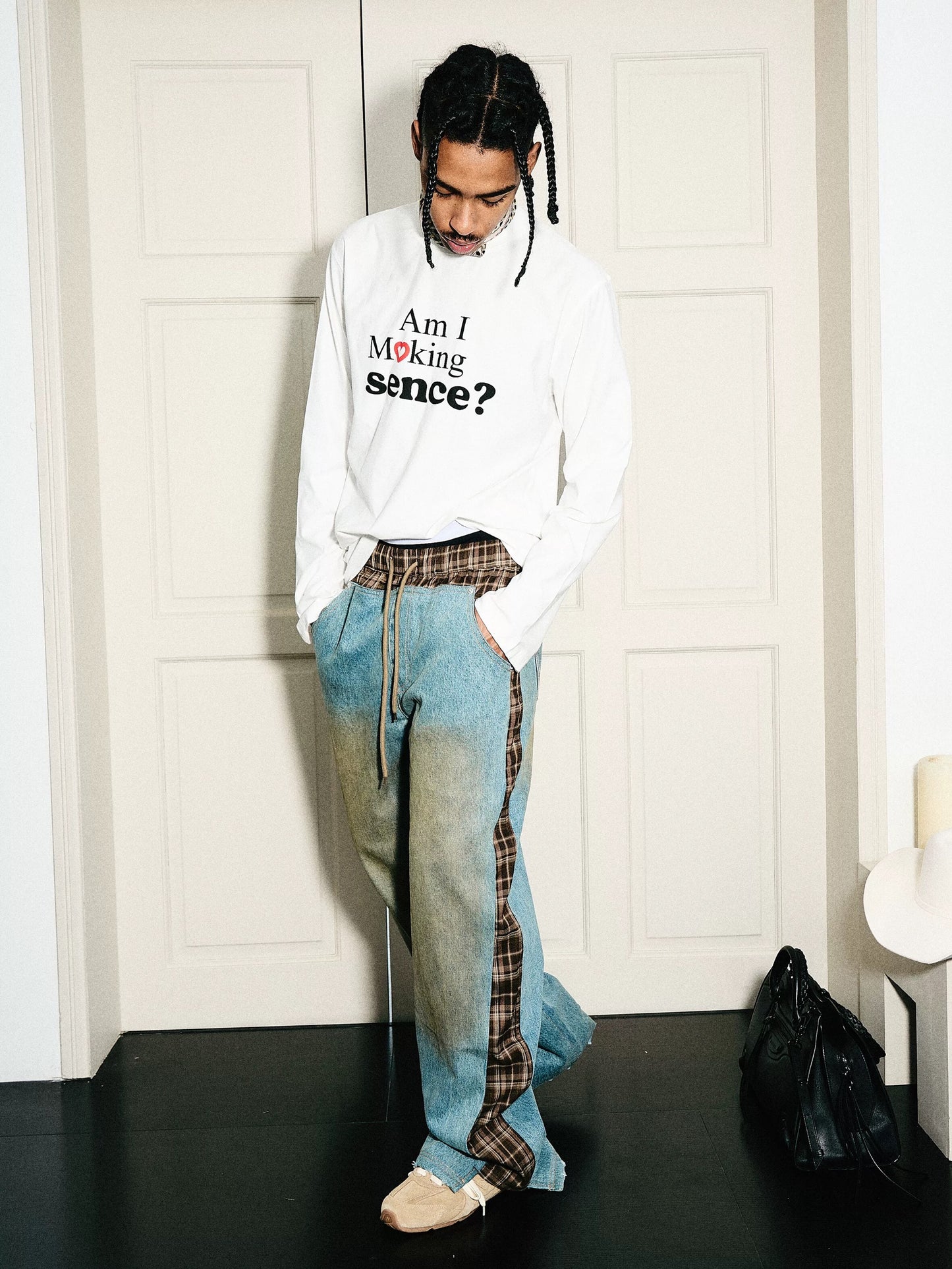 Slogan text solid color loose long sleeve t-shirt