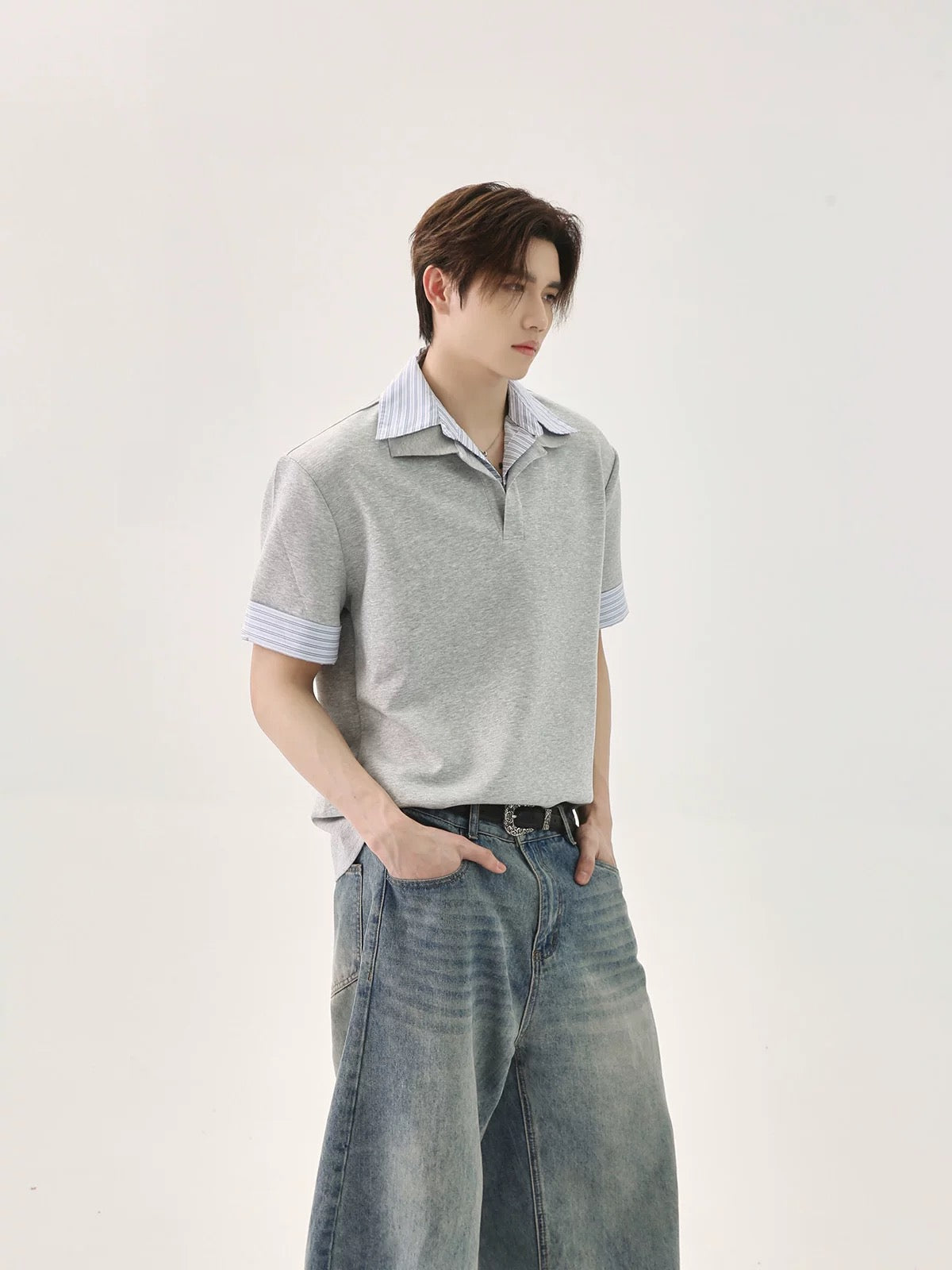 Stitching striped versatile polo shirt